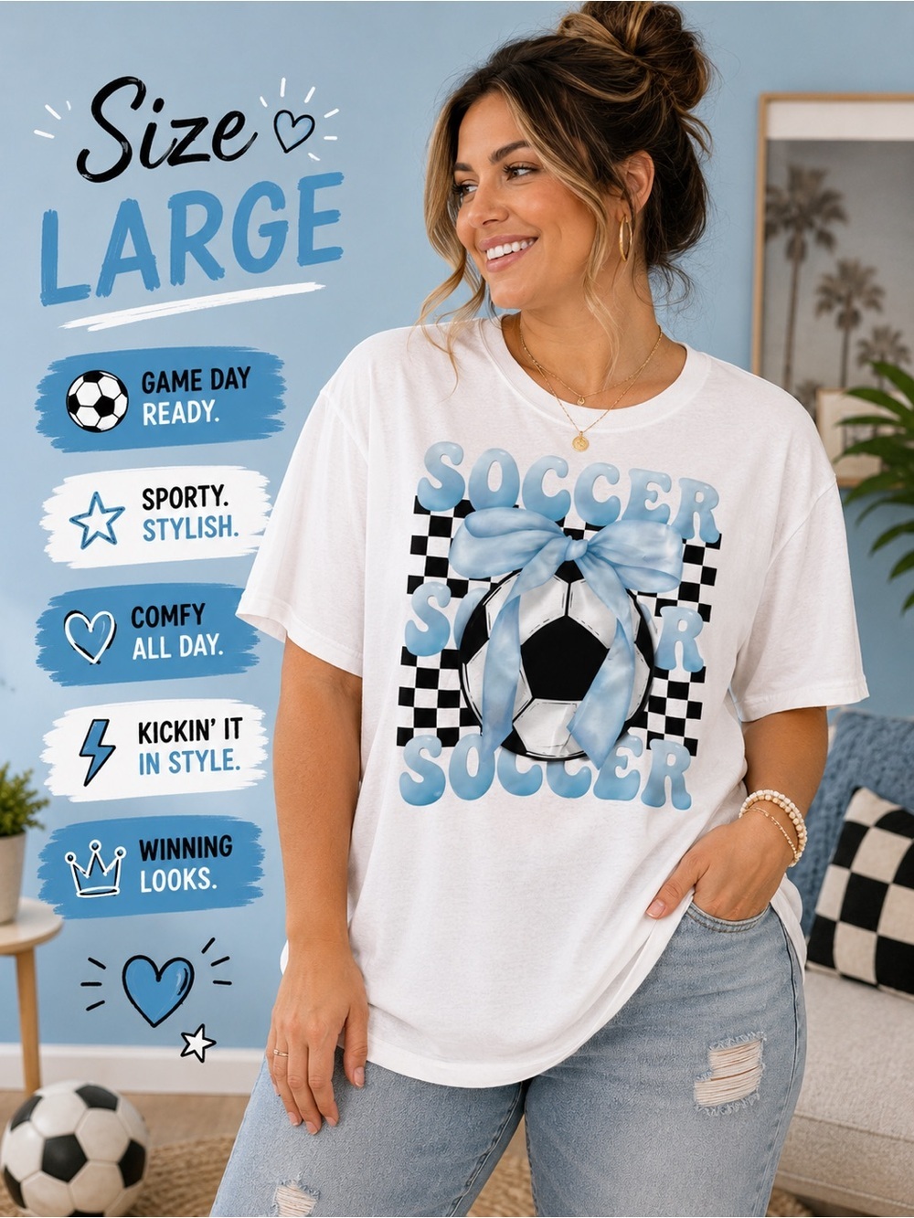 White Graphic Soccer Tee with Blue Accent - LARGE